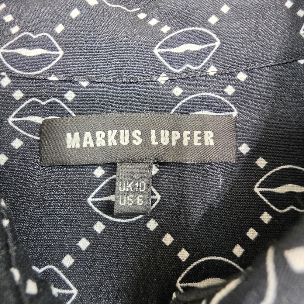 Markus Lupfer Black Lip Print Long Sleeve Top Size 6 Blouse Button Up Pop Art - Picture 7 of 12